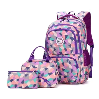 Image of Bansusu Geometric Print Purple Backpack and Lunch Bag Set for Girls Middle School Elementary Bookbags