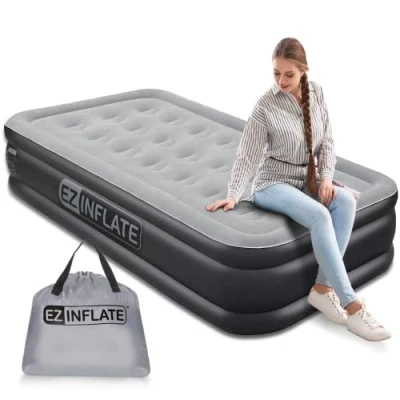 Image of EZ INFLATE Double High Twin Air Mattress with Built in Pump, Inflatable Mattress, airbed Flocked topTwin