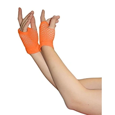 Image of Crazy Chick New Ladies Girls Short Fishnet Gloves Assorted Colours Fingerless Gloves, Party Fancy Dress Tutu Neon (Orange)