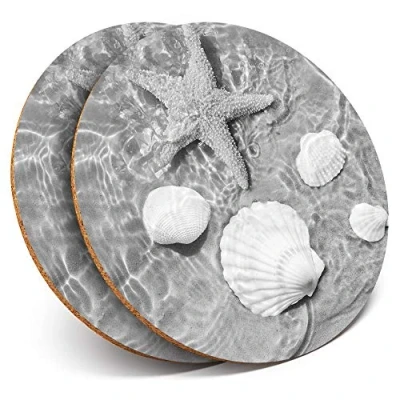 Image of 2 x Round Coasters Seashell Starfish Beach Ocean Shells Cork Backed Home Kitchen Accessory Tea Coffee Mug Mat #37891