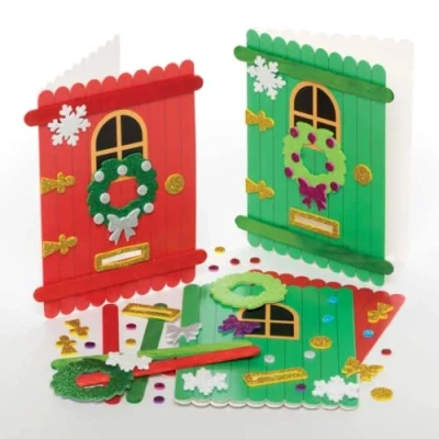 Image of Baker Ross FC102 Christmas Door Card Kits Pack of 6, Blanks for Making, Make Your Own Cards, Ideal Kids Arts and Crafts Projects, Green,Red