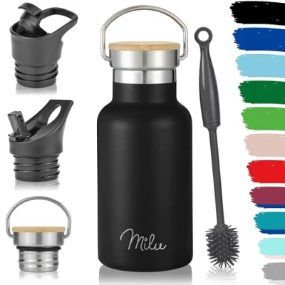 Image of Milu Stainless Steel Drinking Bottle 350ml, 500ml, 750ml, 1l (+3 Lids) Thermo with Straw, Water Bottle, for Hot, Cold &amp; Carbonated Drinks (Black, 350ml)