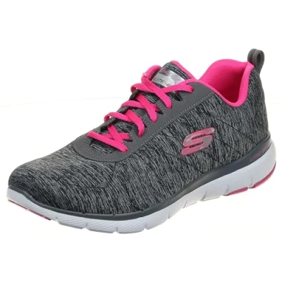 Image of Skechers Women&#039;s Flex Appeal 3.0 Insiders Trainers, Black Charcoal Mesh Hot Pink Trim, 4 UK