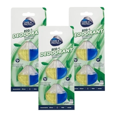 Image of CARE + PROTECT ECO+ Deodorant for Dishwasher, Eliminates Bad Odours, Long Lasting Lemon Fragrance, Maxi Pack 3x 2 Shells