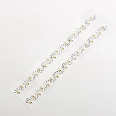 Image of 5.5cm Diamante &amp; Pearl Wavy Line Border Trim Self Adhesive Rhinestone and Gem Craft Sticker (2 Pieces)
