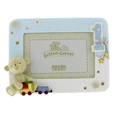 Image of Button Corner Cute Teddy Bear 1st Birthday Photo Frame Blue, Clear, 200g WBM GFT05
