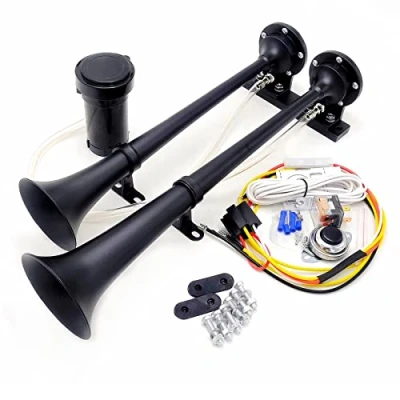Image of YIYIDA car Horn 24V 165DB Air 45cm Chrome Zinc Double Trumpet black Truck with Compressor High Tone and Low super loud Speaker for Any yacht Lorry Train Boat etc