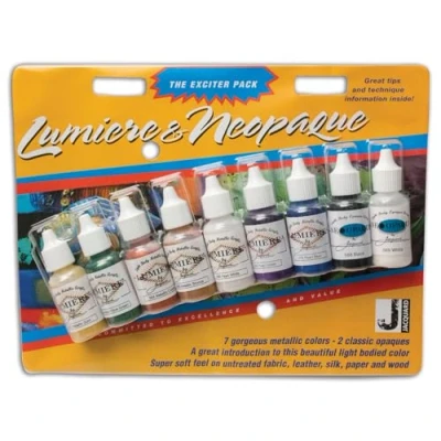 Image of Jacquard Lumiere and Neopaque Gift Pack Contains 9 Colours of Acrylic Paint Shimmering Opaque Finishes, Ideal for Fabric, Leather, Paper Bottle Size14.8 ml (0.5 oz)