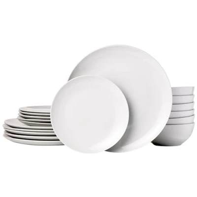 Image of Amazon Basics 18 Piece Dinnerware Set White Porcelain Coupe, Service for 6