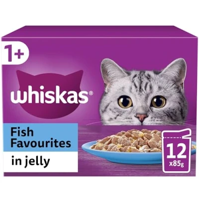 Image of WHISKAS 1+ Cat Pouches Fish Favourites in Jelly 12 x 85 g, Pack of 4