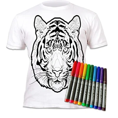Image of Splat Planet Colour in Tiger Pop Art T Shirt with 10 Non Toxic Washable Magic Pens and Wash Out (9 11 Years) White