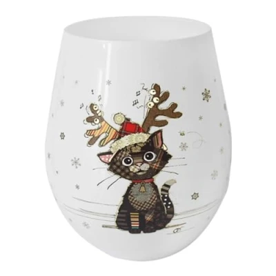 Image of Widdle Gifts Christmas Stemless Wine Glass, in Matching Gift Box, Statement Kitchenware for The Home, by Bug Art (Cat Kitten 6392)