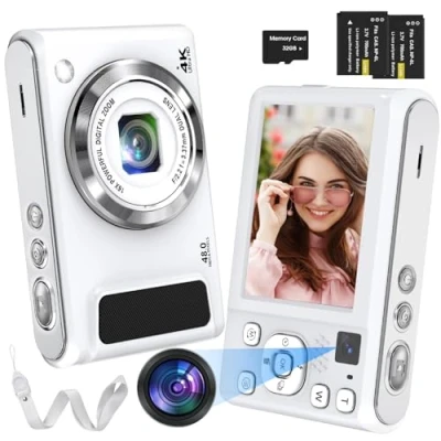 Image of Bofypoo Digital Camera, 4K Autofocus Vlogging Camera with 32G Memory Card Front and Rear Dual Cameras,48MP Compact 16X Zoom for Beginners(White)
