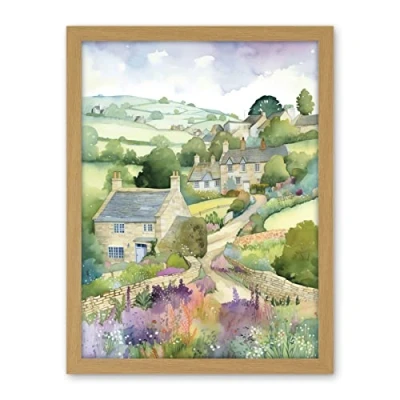 Image of Artery8 Countryside Spring Landscape with Cottages Modern Watercolour Painting Artwork Framed Wall Art Print 18X24 Inch