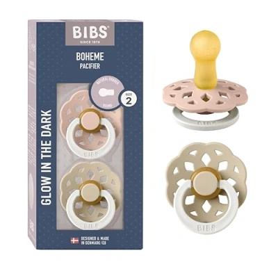 Image of BIBS Boheme Glow in The Dark Soother 2 Pack. BPA Free. Round Nipple Latex, Size (6 18 Months), Blush Glow/Vanilla