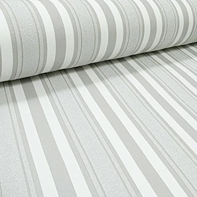 Image of SOPHIE LAURENCE Luxury Easy Paste The Wall Glitter Striped Textured Heavy Vinyl Living Room Wallpaper Grey White Silver