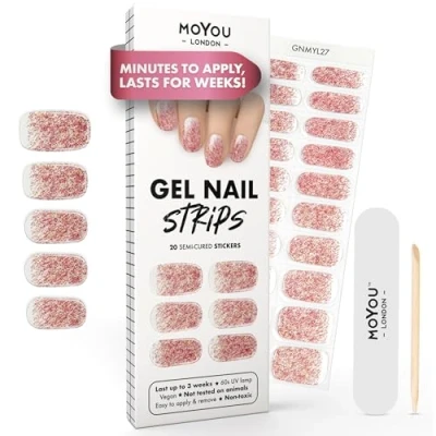 Image of MOYOU LONDON Semi Cured Gel Nail Strips 20 Pcs. Wraps for Salon Quality Manicure Works with Any UV Lamp Easy to Apply, Trim, &amp; Remove Stickers