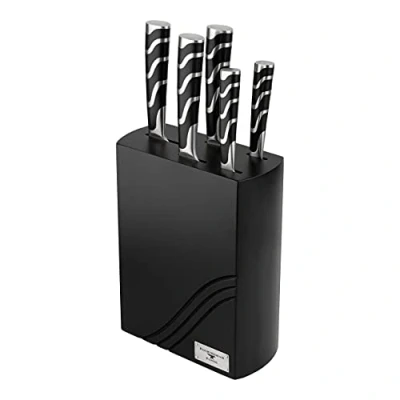 Image of Rockingham Forge 128 Series 6 Piece Kitchen Knife Block Set, Includes 5 Set with Holder Stainless Steel Blades, Black Handles, RF 1280/6B