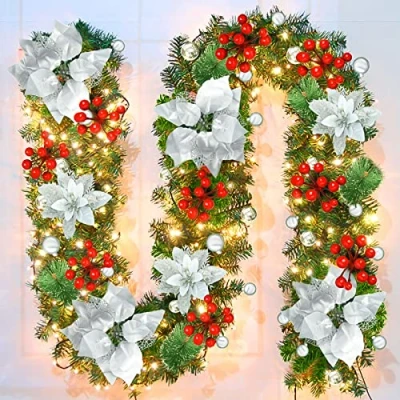 Image of 9FT Christmas Garland with 30 LED Lights, Vothen Prelit Artificial Decorations Silver Flowers,Balls, Berries, Greenery Xmas for Indoor Stairs Mantle Fireplace Decor 2.7M