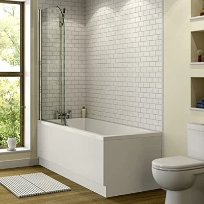 Image of 1600 x 700mm Straight Square Bathtub Shower Bath Bathroom Suite with Frameless Curved Clear Screen Glass Panel Overbath &amp; Front