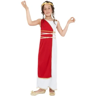 Image of Smiffys Grecian Girl Costume, Red with Robe &amp; Headpiece, Girls Fancy Dress, Child Dress Up Costumes