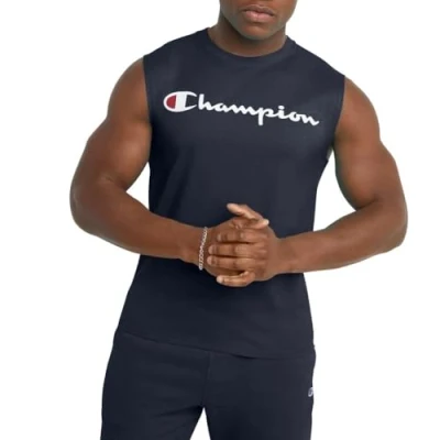 Image of Champion Men&#039;s Graphic Jersey Muscle Shirt, Navy, XL