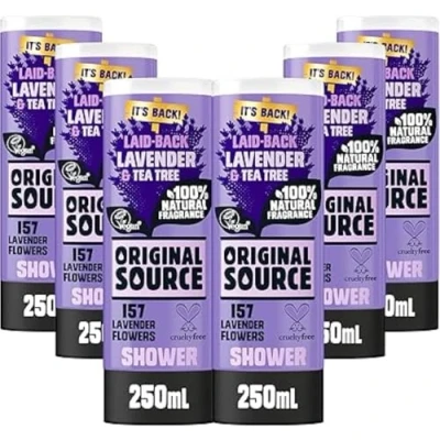 Image of Original Source Lavender Shower Gel, 100 Percent Natural Fragrance, Vegan, Cruelty Free, Paraben Bulk Buy, Pack of 6 x 250 ml