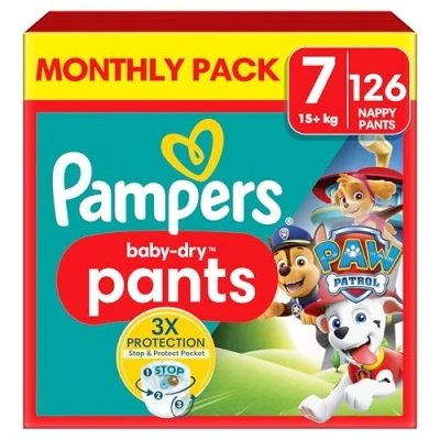 Image of Pampers Baby Dry Nappy Pants Paw Patrol Edition Size 7, 126 Nappies, 15kg+, Monthly Pack, with Our 360 Fit to Help Prevent Leaks