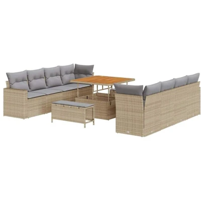 Image of vidaXL 11 Piece Garden Sofa Set with Cushions Beige Poly Rattan Acacia