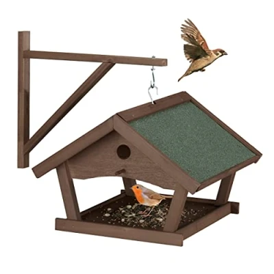 Image of Relaxdays Wooden Birdhouse, Hanging Feeding Table, HxWxD: 35x42.5x40.5 cm, Feeder for Wild Birds, Dark Brown, 80% Wood Roofing Felt 10% Steel