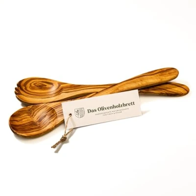Image of das Olivenholzbrett® Olive Wood Salad Servers / Wooden Serving Cutlery Fork and Spoon Short Prongs 35 cm