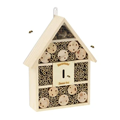 Image of Relaxdays Insect Hotel, Nesting Aid for Wild Bees, HWD: 38x29x9 cm, Honeybees Garden &amp; Balcony, Natural Wood, 80% 20% Bamboo