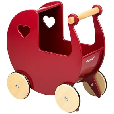 Image of Moover Classic Doll&#039;s Pram for Toddlers, Fully Assembled, Designed in Denmark from Russian Birch Plywood, Push Along Toy, 18 Months+, 44 x 43 24 cm, Red and Natural Wood