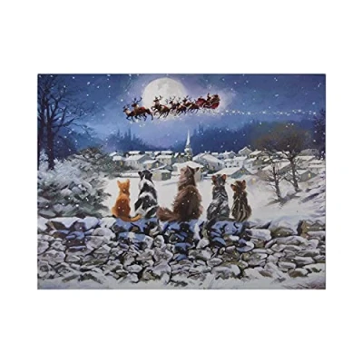 Image of Trans Continental Snowtime Battery Operated Christmas 40x30cm Cats Santa Sleigh Village Canvas