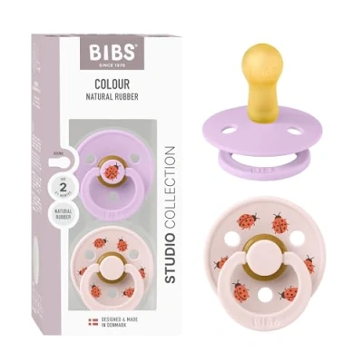 Image of BIBS Colour Studio Soother 2 Pack, BPA Free Dummy Pacifier, Round Nipple. Natural Rubber Latex, Made in Denmark, Size (6 18 Months), Violet Sky/Petal