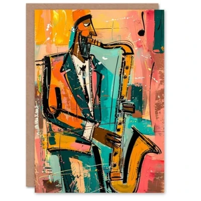 Image of Artery8 Birthday Card Saxophone Player Jazz Music Musician Painting For Him Man Male Dad Brother Son Papa Grandad Greeting