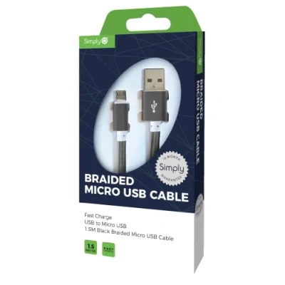 Image of Simply ICMC03 Micro USB to 1.5 m Long Braided Charging Cable for Smartphones, Tablets, Sat Navs &amp; Playstation 4 Controllers,Black