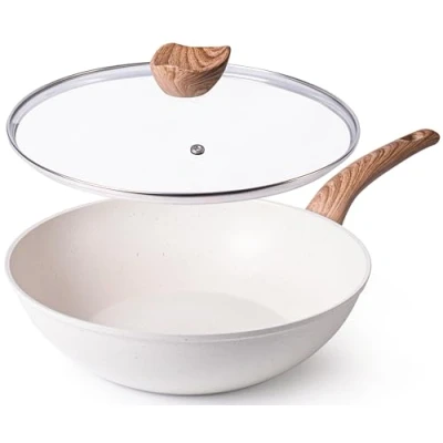 Image of nuovva Induction Non Stick Wok Pan Deep Stir Fry with Glass Lid 28cm Cream Frying Base