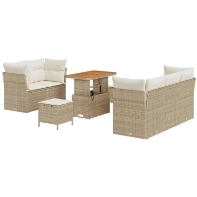 Image of vidaXL 8 Piece Garden Sofa Set with Cushions Beige Poly Rattan Acacia