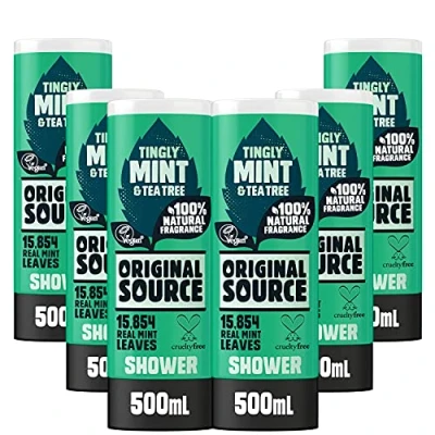 Image of Original Source Mint &amp; Tea Tree Shower Gel, 100 Percent Natural Fragrance, Vegan, Cruelty Free, Paraben Bulk Buy, Pack of 6 x 500 ml