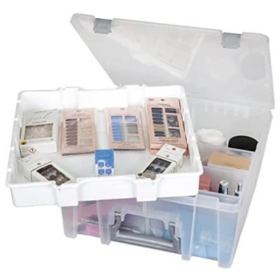 Image of AB Designs 6899ABD Super Satchel Double Deep with Lift Out Tray and Removable Dividers, Stackable Home Storage Organization Container, Clear Sliver Latches Handle