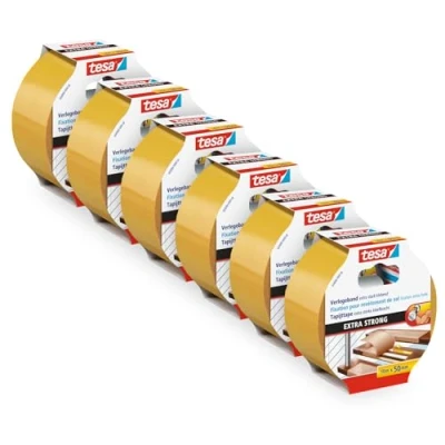 Image of tesa Nastro adesivo extra forte in confezione da 6 pezzi biadesivo per la posa di tappeti e rivestimenti PVC 10 m x 50 mm