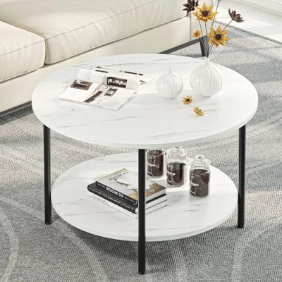 Image of YITAHOME Round Coffee Table,2 Tier Industrial Sofa Tables with Storage Shelf for Living Room,Circle Rustic Wooden Surface Tabletop and Sturdy Metal Legs Outdoor Patio Easy to Assemble