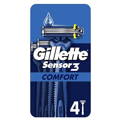 Image of Gillette Sensor3 Comfort Disposable Razors for Men, Pack of 4, Lubrastrip with Water Activated Comfortgel Technology, 3 Skin Sensing Blades