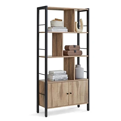 Image of VASAGLE Bookshelf, Storage Shelf, Large Bookcase with Doors, 4 Shelves, Steel Structure, Industrial Style, for Living Room, Office, Toasted Oak Colour and Black LBC022B50