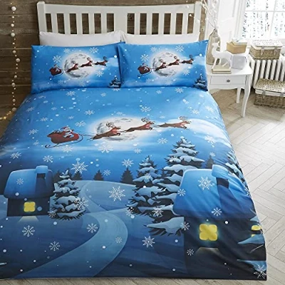 Image of Bedlam Santa in Sleigh Duvet Cover Single Bedding Size (140 x 200cm) Glow the Dark 1x Pillowcase Christmas Tree &amp; Snow Decorations
