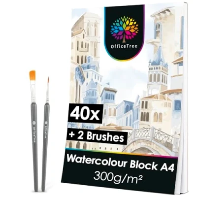 Image of OfficeTree 40 x Watercolour Paper Pad A4 300gsm White for Drawing 2 Free Brushes