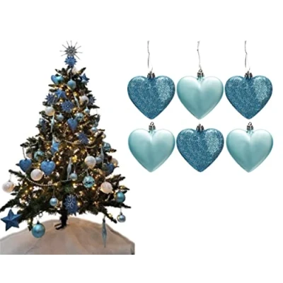 Image of 6pc Large Glitter &amp; Matte Heart Baubles Great Christmas Tree Decorations, (Ice Blue)