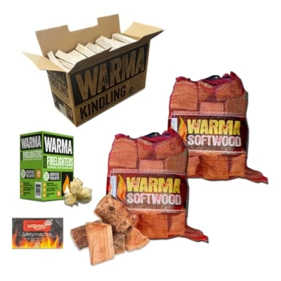 Image of Softwood Firewood Logs 50L Kiln Dried Bundle Includes 2 x 25L Nets Soft Wood 1 Large Box Kindling of 30 Eco Wool Firelighters &amp; Matches Fire Burners Stoves Fireplaces