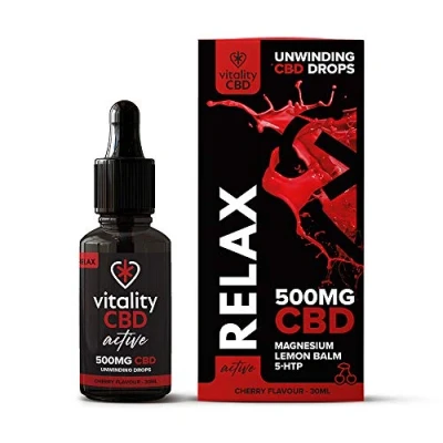 Image of Vitality CBD Active Relax Drops with Lemon Balm, Magnesium, Griffonia Simplicifolia, 500mg of CBD, Cherry Flavour, 30 ml, NO THC
